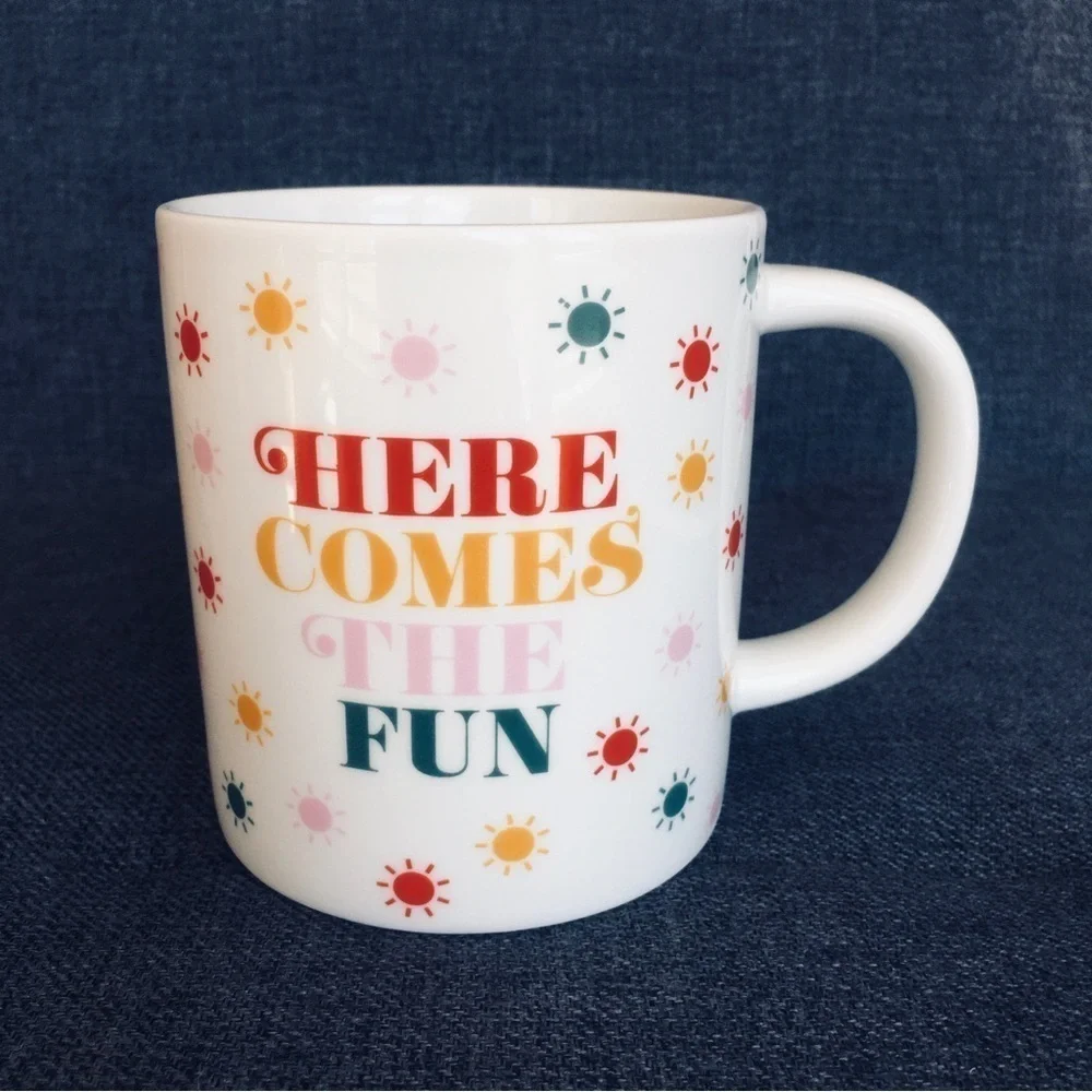 “HERE COMES THE FUN” Colorful Coffee Mug, White, Multi Colored, 15 oz